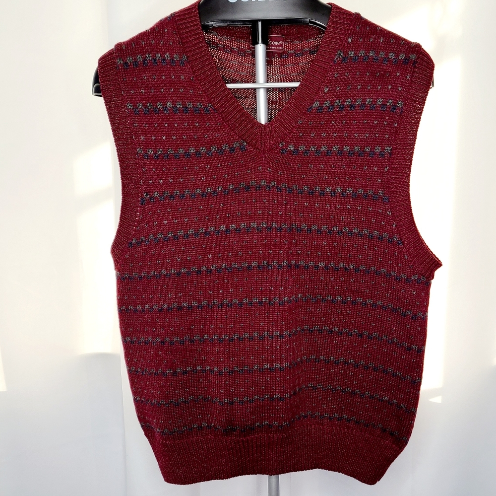 VINTAGE EVAN-PICONE 100% WOOL SWEATER VEST BURGUNDY STRIPED V-NECK MEN'S SIZE L